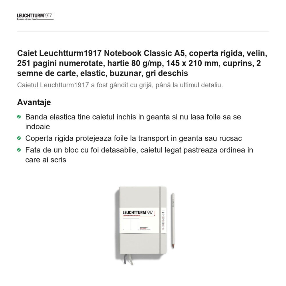 Caiet Leuchtturm1917 Notebook Classic A5, coperta rigida, velin, 251 pagini numerotate, hartie 80 g/mp, 145 x 210 mm, cuprins, 2 semne de carte, elastic, buzunar, gri deschis [2]