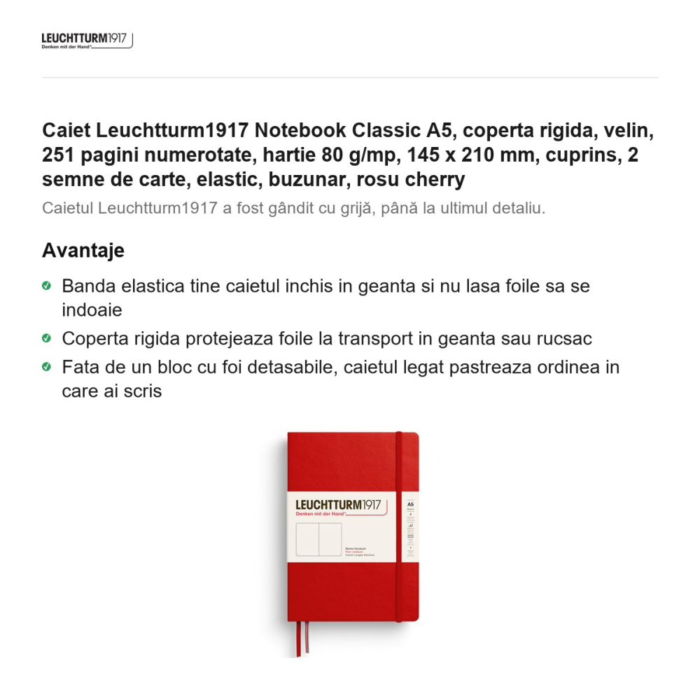 Caiet Leuchtturm1917 Notebook Classic A5, coperta rigida, velin, 251 pagini numerotate, hartie 80 g/mp, 145 x 210 mm, cuprins, 2 semne de carte, elastic, buzunar, rosu cherry [2]