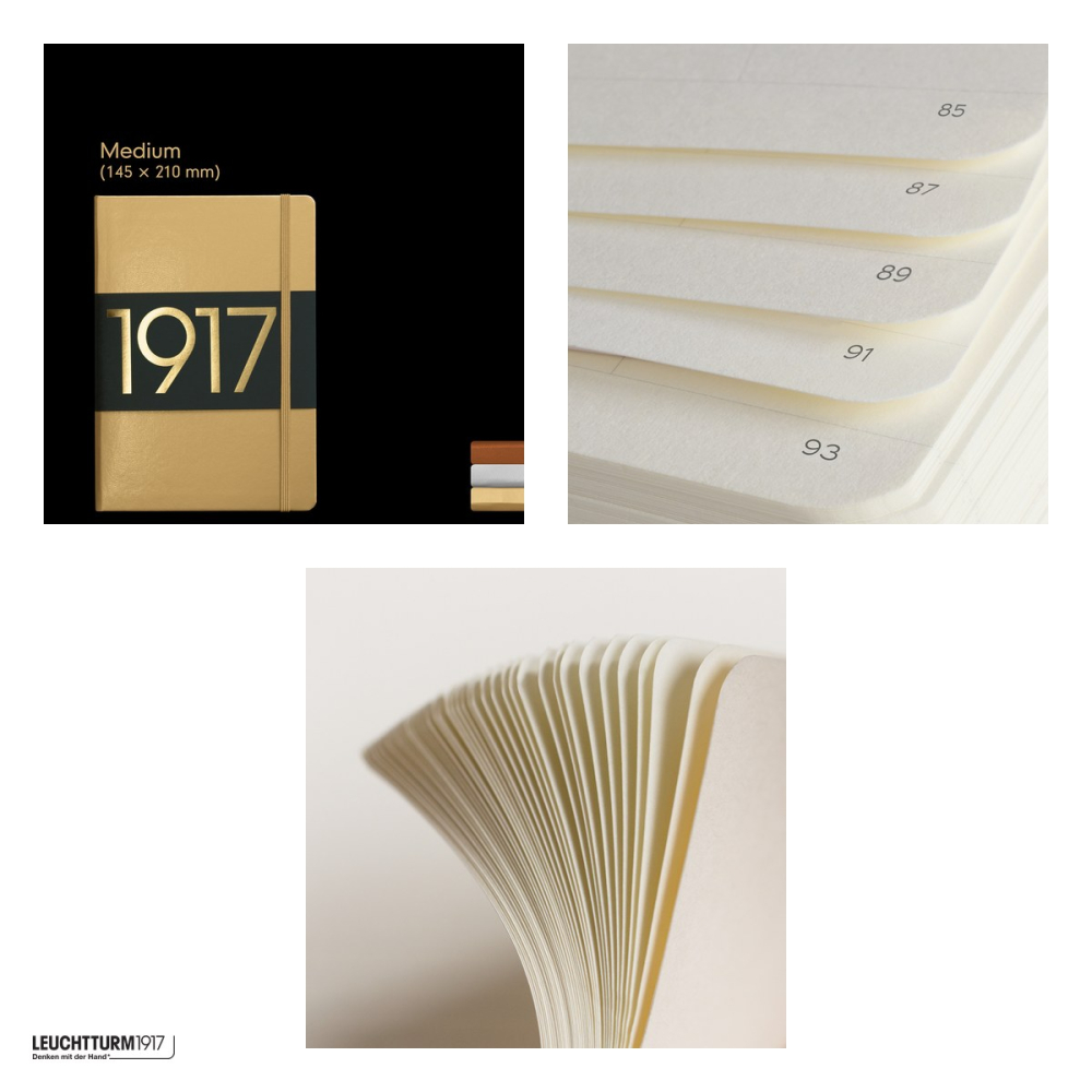 Caiet Leuchtturm1917 Notebook Classic A5, coperta rigida, velin, 251 pagini numerotate, hartie 80 g/mp, 145 x 210 mm, cuprins, 2 semne de carte, elastic, buzunar, auriu [4]