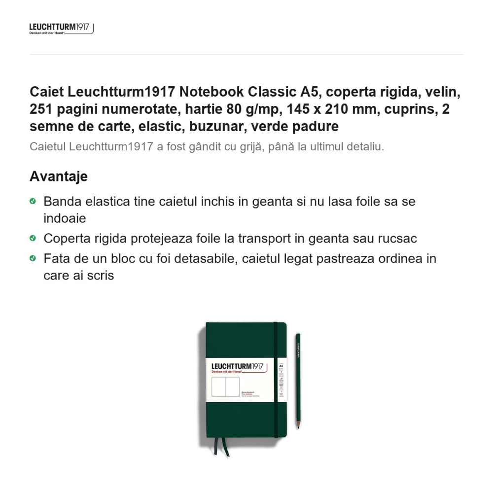 Caiet Leuchtturm1917 Notebook Classic A5, coperta rigida, velin, 251 pagini numerotate, hartie 80 g/mp, 145 x 210 mm, cuprins, 2 semne de carte, elastic, buzunar, verde padure [2]