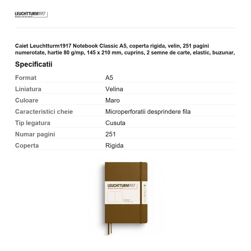 Caiet Leuchtturm1917 Notebook Classic A5, coperta rigida, velin, 251 pagini numerotate, hartie 80 g/mp, 145 x 210 mm, cuprins, 2 semne de carte, elastic, buzunar, maro scortisoara [3]