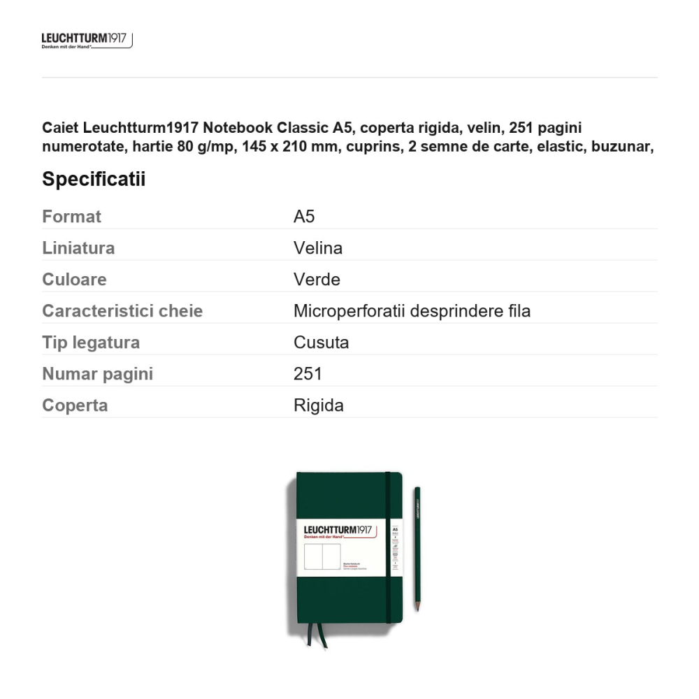 Caiet Leuchtturm1917 Notebook Classic A5, coperta rigida, velin, 251 pagini numerotate, hartie 80 g/mp, 145 x 210 mm, cuprins, 2 semne de carte, elastic, buzunar, verde padure [3]
