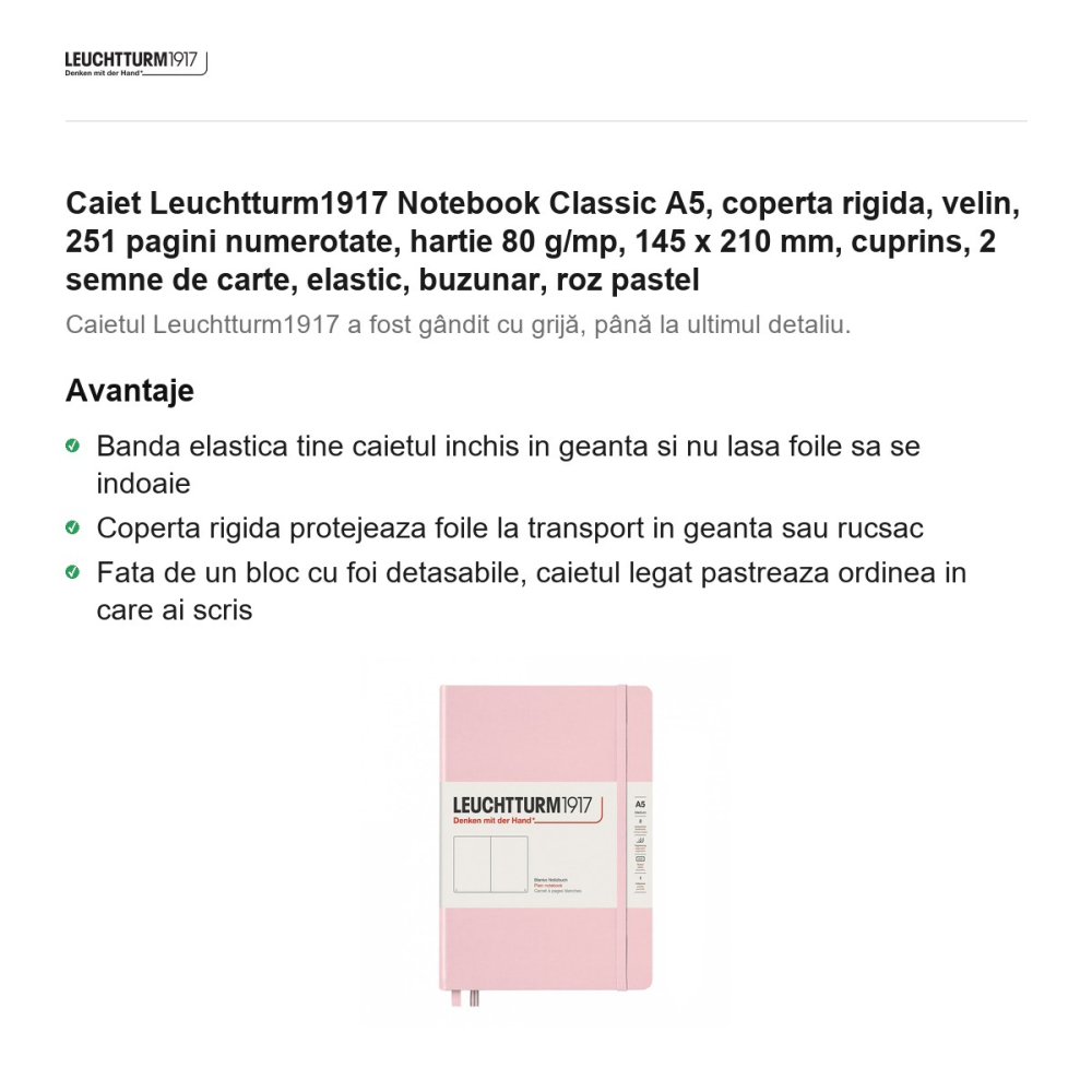Caiet Leuchtturm1917 Notebook Classic A5, coperta rigida, velin, 251 pagini numerotate, hartie 80 g/mp, 145 x 210 mm, cuprins, 2 semne de carte, elastic, buzunar, roz pastel [2]