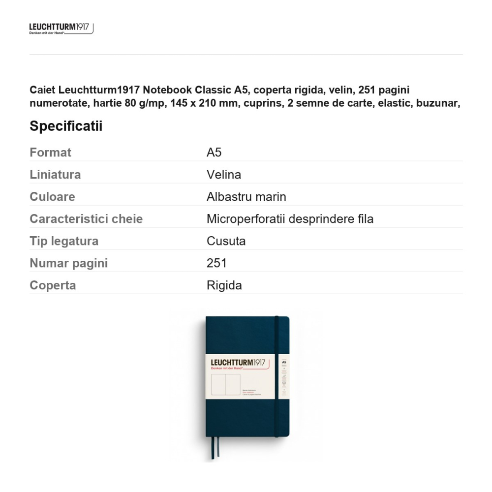 Caiet Leuchtturm1917 Notebook Classic A5, coperta rigida, velin, 251 pagini numerotate, hartie 80 g/mp, 145 x 210 mm, cuprins, 2 semne de carte, elastic, buzunar, albastru marin [3]