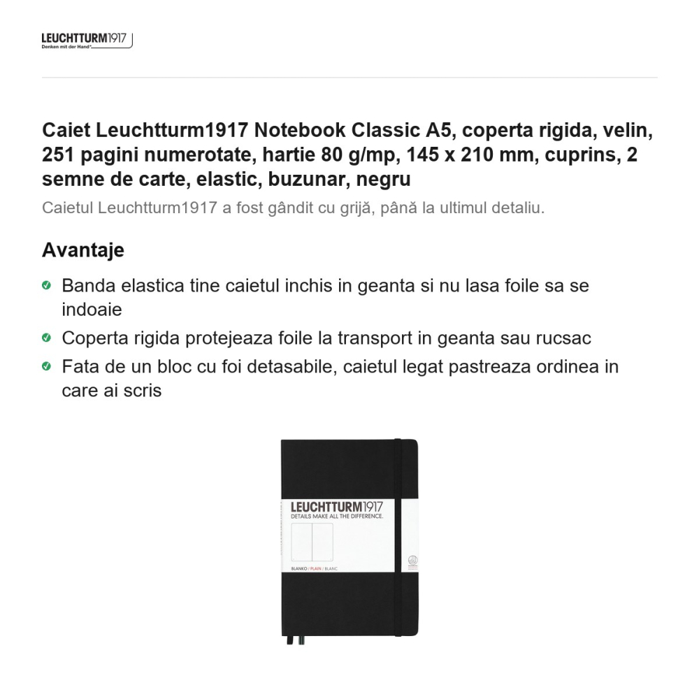 Caiet Leuchtturm1917 Notebook Classic A5, coperta rigida, velin, 251 pagini numerotate, hartie 80 g/mp, 145 x 210 mm, cuprins, 2 semne de carte, elastic, buzunar, negru [2]