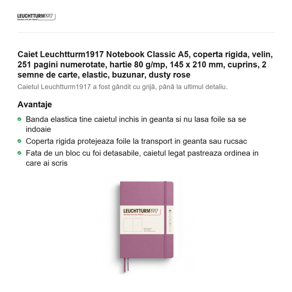 Caiet Leuchtturm1917 Notebook Classic A5, coperta rigida, velin, 251 pagini numerotate, hartie 80 g/mp, 145 x 210 mm, cuprins, 2 semne de carte, elastic, buzunar, dusty rose [2]