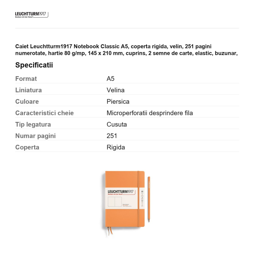 Caiet Leuchtturm1917 Notebook Classic A5, coperta rigida, velin, 251 pagini numerotate, hartie 80 g/mp, 145 x 210 mm, cuprins, 2 semne de carte, elastic, buzunar, piersica [3]