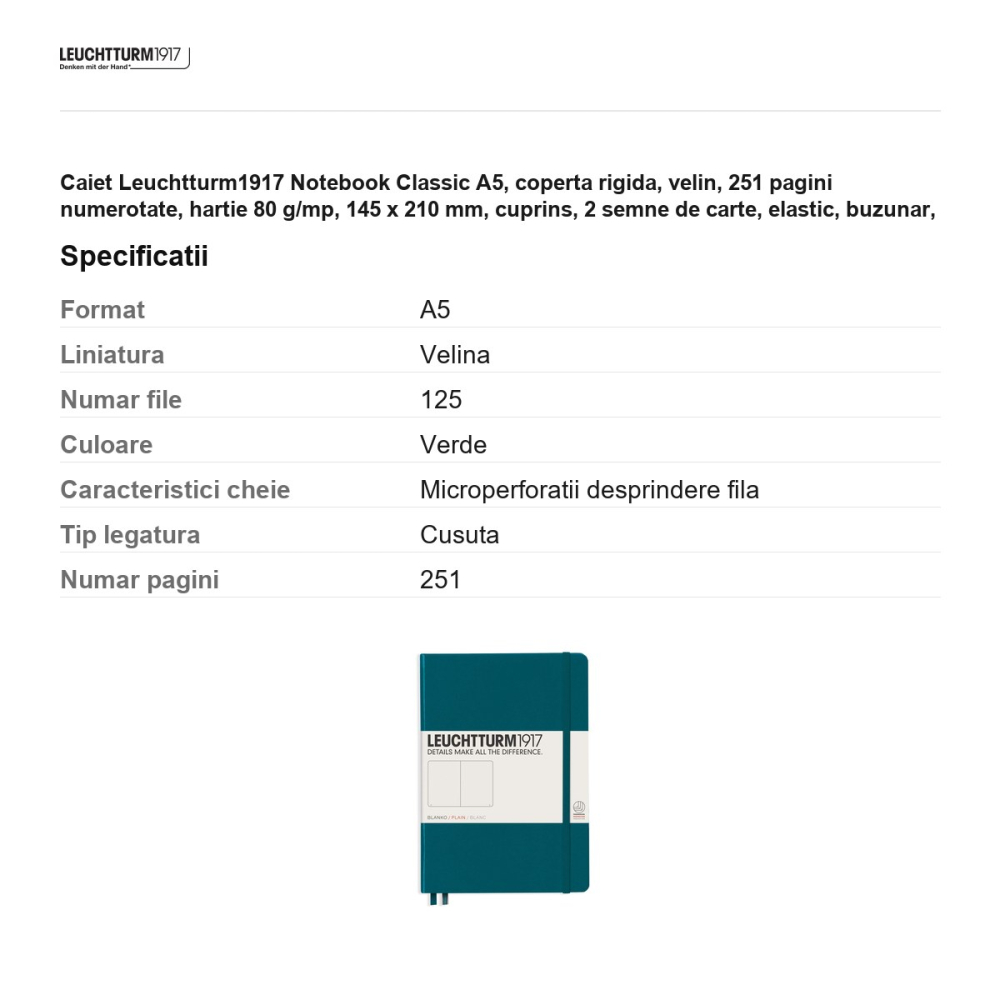 Caiet Leuchtturm1917 Notebook Classic A5, coperta rigida, velin, 251 pagini numerotate, hartie 80 g/mp, 145 x 210 mm, cuprins, 2 semne de carte, elastic, buzunar, verde pacific [3]