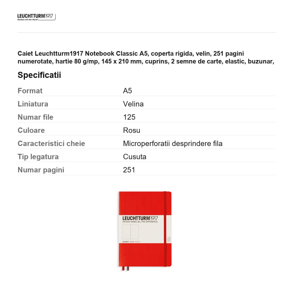 Caiet Leuchtturm1917 Notebook Classic A5, coperta rigida, velin, 251 pagini numerotate, hartie 80 g/mp, 145 x 210 mm, cuprins, 2 semne de carte, elastic, buzunar, rosu [3]