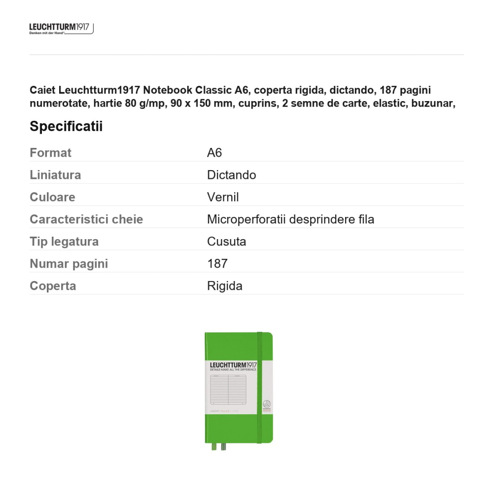 Caiet Leuchtturm1917 Notebook Classic A6, coperta rigida, dictando, 187 pagini numerotate, hartie 80 g/mp, 90 x 150 mm, cuprins, 2 semne de carte, elastic, buzunar, vernil [3]