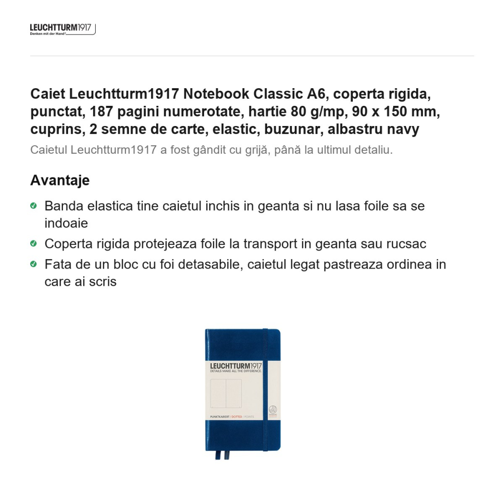 Caiet Leuchtturm1917 Notebook Classic A6, coperta rigida, punctat, 187 pagini numerotate, hartie 80 g/mp, 90 x 150 mm, cuprins, 2 semne de carte, elastic, buzunar, albastru navy [2]
