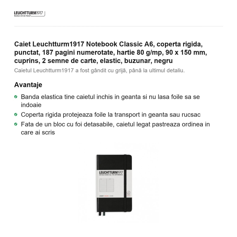 Caiet Leuchtturm1917 Notebook Classic A6, coperta rigida, punctat, 187 pagini numerotate, hartie 80 g/mp, 90 x 150 mm, cuprins, 2 semne de carte, elastic, buzunar, negru [2]