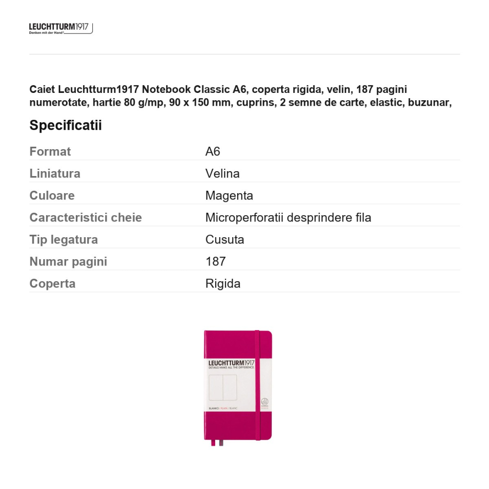 Caiet Leuchtturm1917 Notebook Classic A6, coperta rigida, velin, 187 pagini numerotate, hartie 80 g/mp, 90 x 150 mm, cuprins, 2 semne de carte, elastic, buzunar, magenta [3]