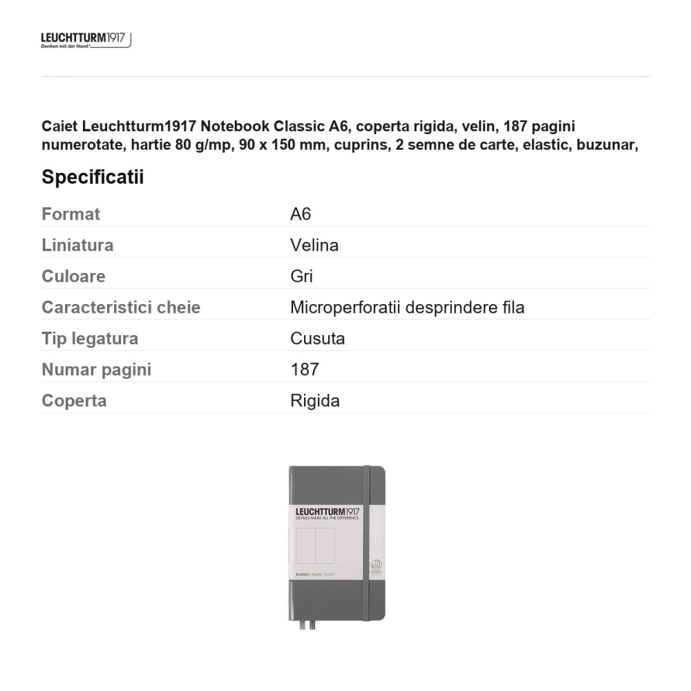 Caiet Leuchtturm1917 Notebook Classic A6, coperta rigida, velin, 187 pagini numerotate, hartie 80 g/mp, 90 x 150 mm, cuprins, 2 semne de carte, elastic, buzunar, antracit [3]