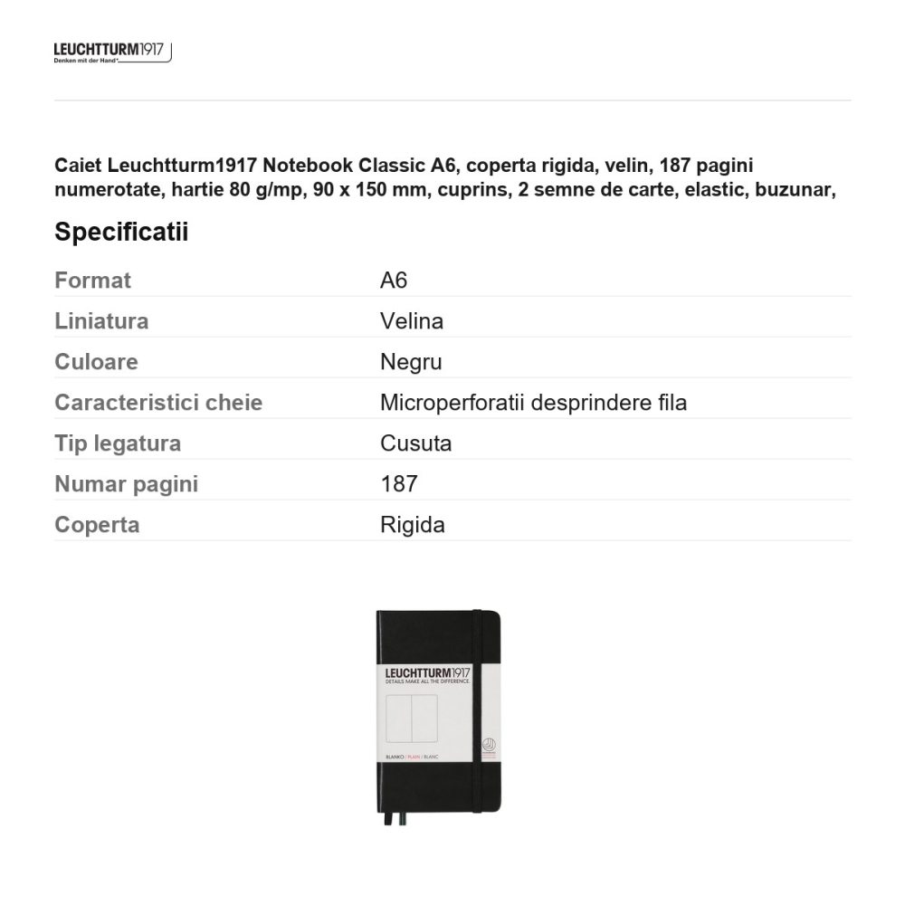 Caiet Leuchtturm1917 Notebook Classic A6, coperta rigida, velin, 187 pagini numerotate, hartie 80 g/mp, 90 x 150 mm, cuprins, 2 semne de carte, elastic, buzunar, negru [3]