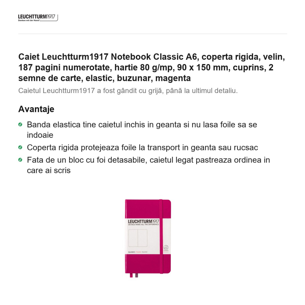 Caiet Leuchtturm1917 Notebook Classic A6, coperta rigida, velin, 187 pagini numerotate, hartie 80 g/mp, 90 x 150 mm, cuprins, 2 semne de carte, elastic, buzunar, magenta [2]