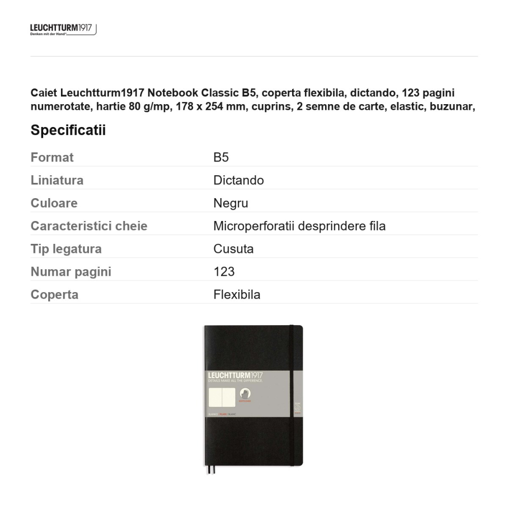 Caiet Leuchtturm1917 Notebook Classic B5, coperta flexibila, dictando, 123 pagini numerotate, hartie 80 g/mp, 178 x 254 mm, cuprins, 2 semne de carte, elastic, buzunar, negru [3]