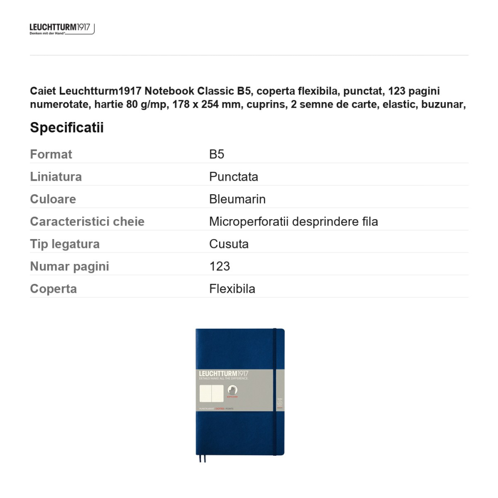 Caiet Leuchtturm1917 Notebook Classic B5, coperta flexibila, punctat, 123 pagini numerotate, hartie 80 g/mp, 178 x 254 mm, cuprins, 2 semne de carte, elastic, buzunar, albastru navy [3]