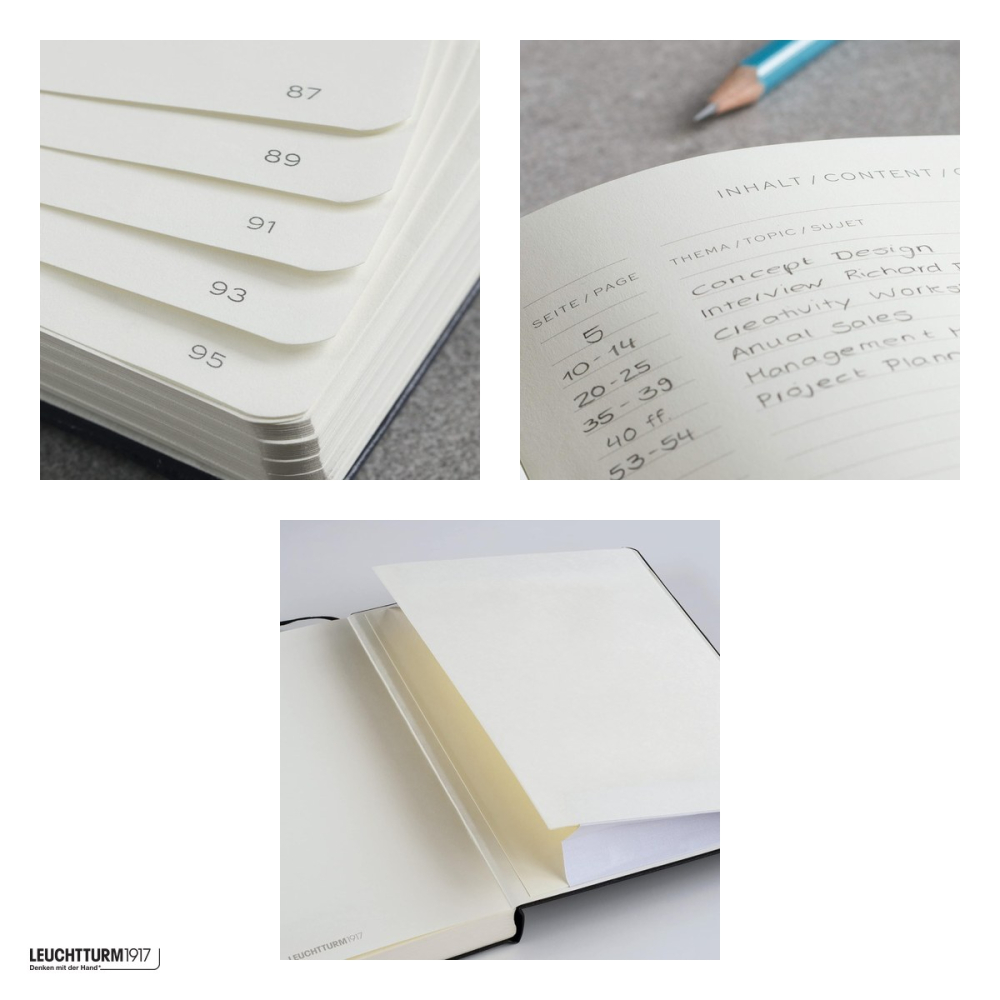 Caiet Leuchtturm1917 Notebook Classic B5, coperta flexibila, velin, 123 pagini numerotate, hartie 80 g/mp, 178 x 254 mm, cuprins, 2 semne de carte, elastic, buzunar, albastru piatra [4]