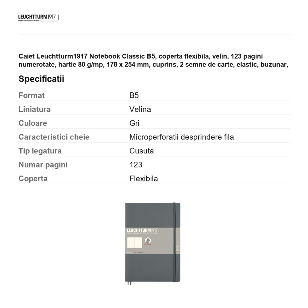 Caiet Leuchtturm1917 Notebook Classic B5, coperta flexibila, velin, 123 pagini numerotate, hartie 80 g/mp, 178 x 254 mm, cuprins, 2 semne de carte, elastic, buzunar, antracit [3]