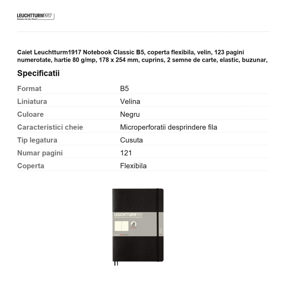 Caiet Leuchtturm1917 Notebook Classic B5, coperta flexibila, velin, 123 pagini numerotate, hartie 80 g/mp, 178 x 254 mm, cuprins, 2 semne de carte, elastic, buzunar, negru [3]