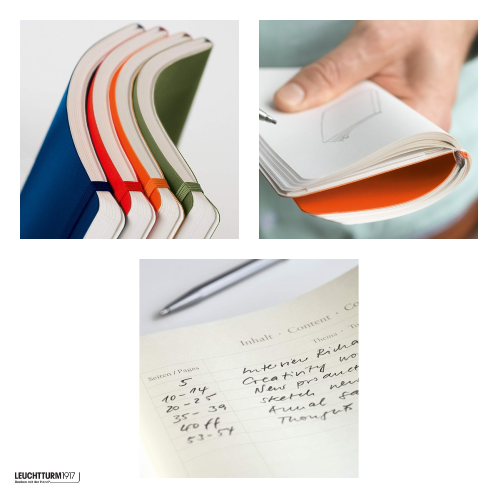 Caiet Leuchtturm1917 Notebook Classic B5, coperta flexibila, velin, 123 pagini numerotate, hartie 80 g/mp, 178 x 254 mm, cuprins, 2 semne de carte, elastic, buzunar, vernil [4]