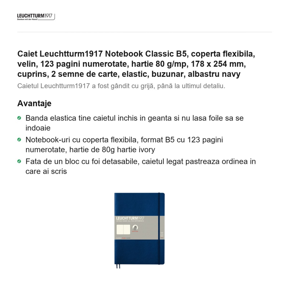 Caiet Leuchtturm1917 Notebook Classic B5, coperta flexibila, velin, 123 pagini numerotate, hartie 80 g/mp, 178 x 254 mm, cuprins, 2 semne de carte, elastic, buzunar, albastru navy [2]