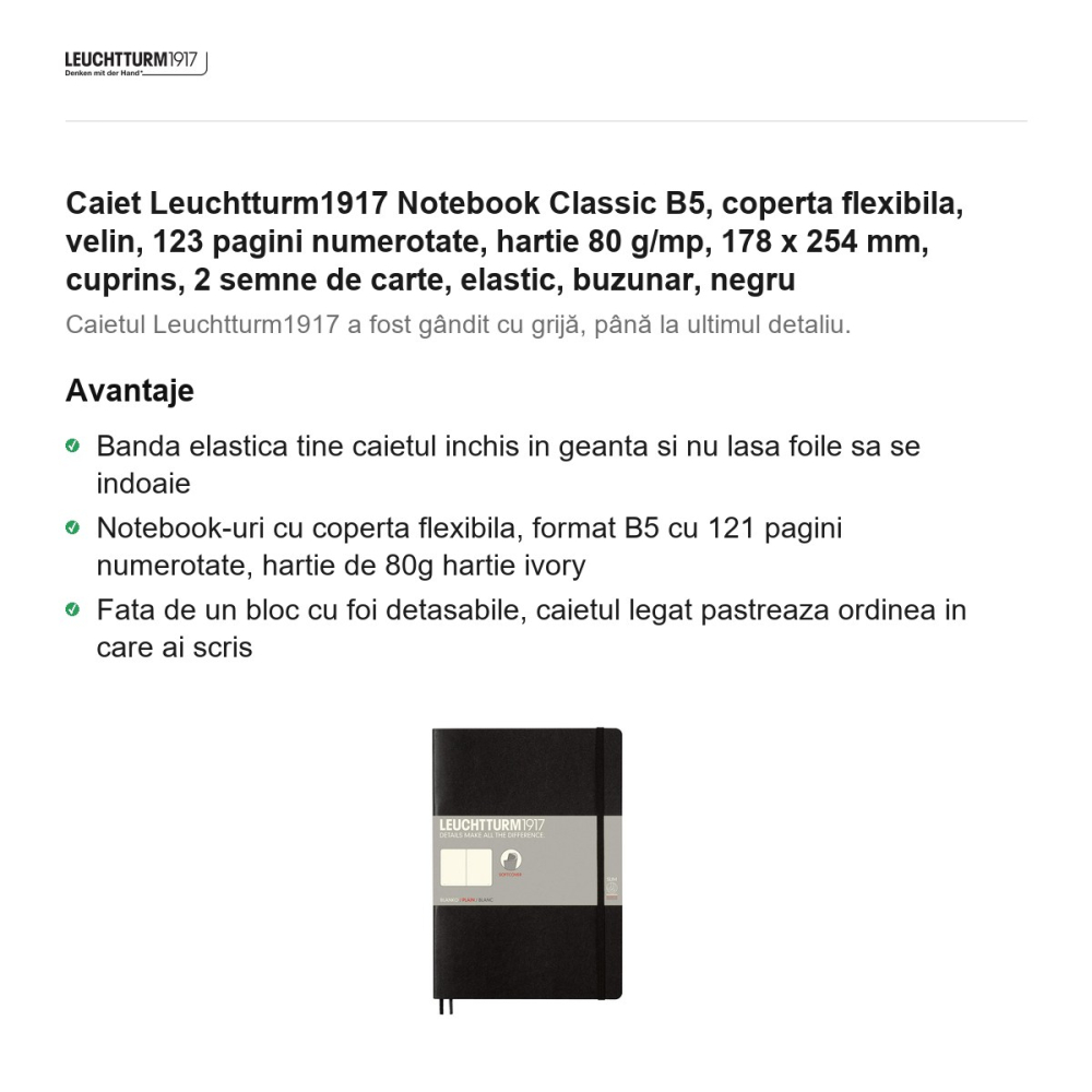 Caiet Leuchtturm1917 Notebook Classic B5, coperta flexibila, velin, 123 pagini numerotate, hartie 80 g/mp, 178 x 254 mm, cuprins, 2 semne de carte, elastic, buzunar, negru [2]