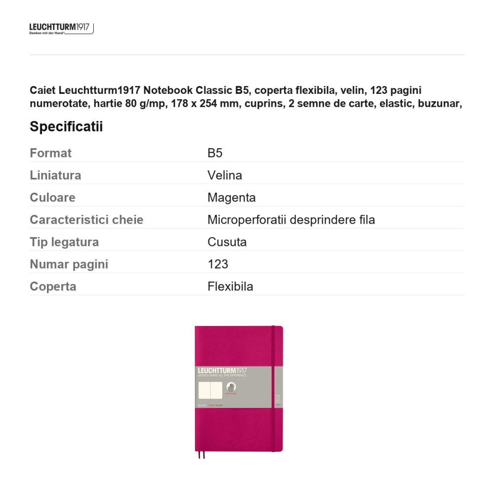 Caiet Leuchtturm1917 Notebook Classic B5, coperta flexibila, velin, 123 pagini numerotate, hartie 80 g/mp, 178 x 254 mm, cuprins, 2 semne de carte, elastic, buzunar, magenta [3]