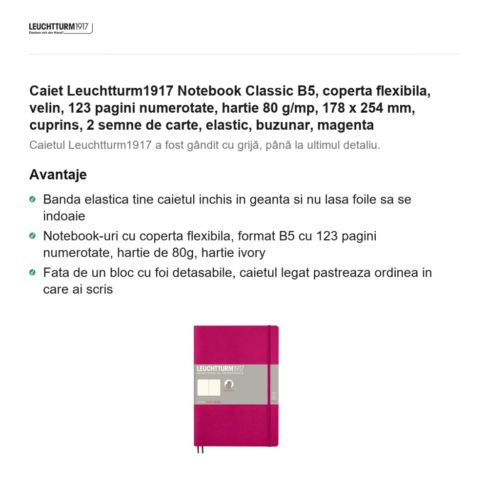Caiet Leuchtturm1917 Notebook Classic B5, coperta flexibila, velin, 123 pagini numerotate, hartie 80 g/mp, 178 x 254 mm, cuprins, 2 semne de carte, elastic, buzunar, magenta [2]