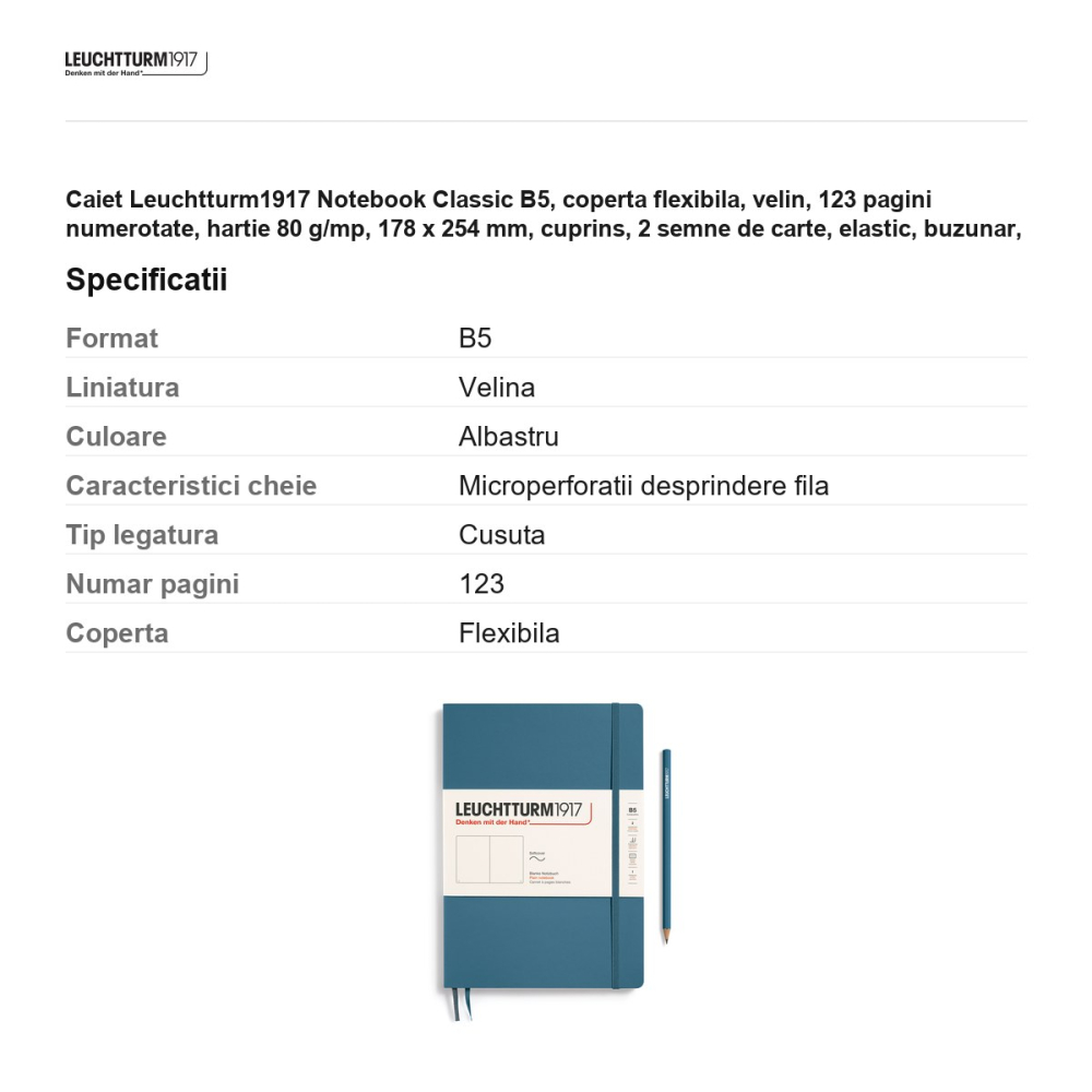 Caiet Leuchtturm1917 Notebook Classic B5, coperta flexibila, velin, 123 pagini numerotate, hartie 80 g/mp, 178 x 254 mm, cuprins, 2 semne de carte, elastic, buzunar, albastru piatra [3]