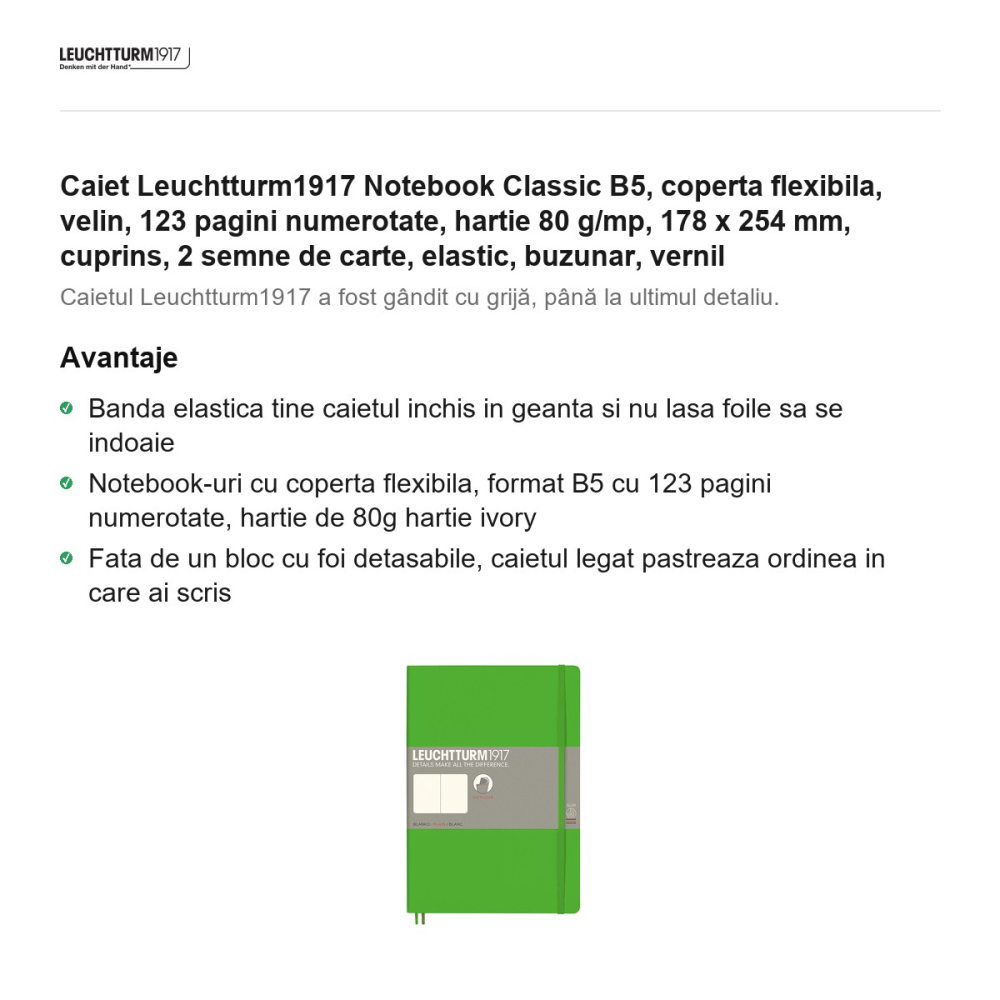 Caiet Leuchtturm1917 Notebook Classic B5, coperta flexibila, velin, 123 pagini numerotate, hartie 80 g/mp, 178 x 254 mm, cuprins, 2 semne de carte, elastic, buzunar, vernil [2]