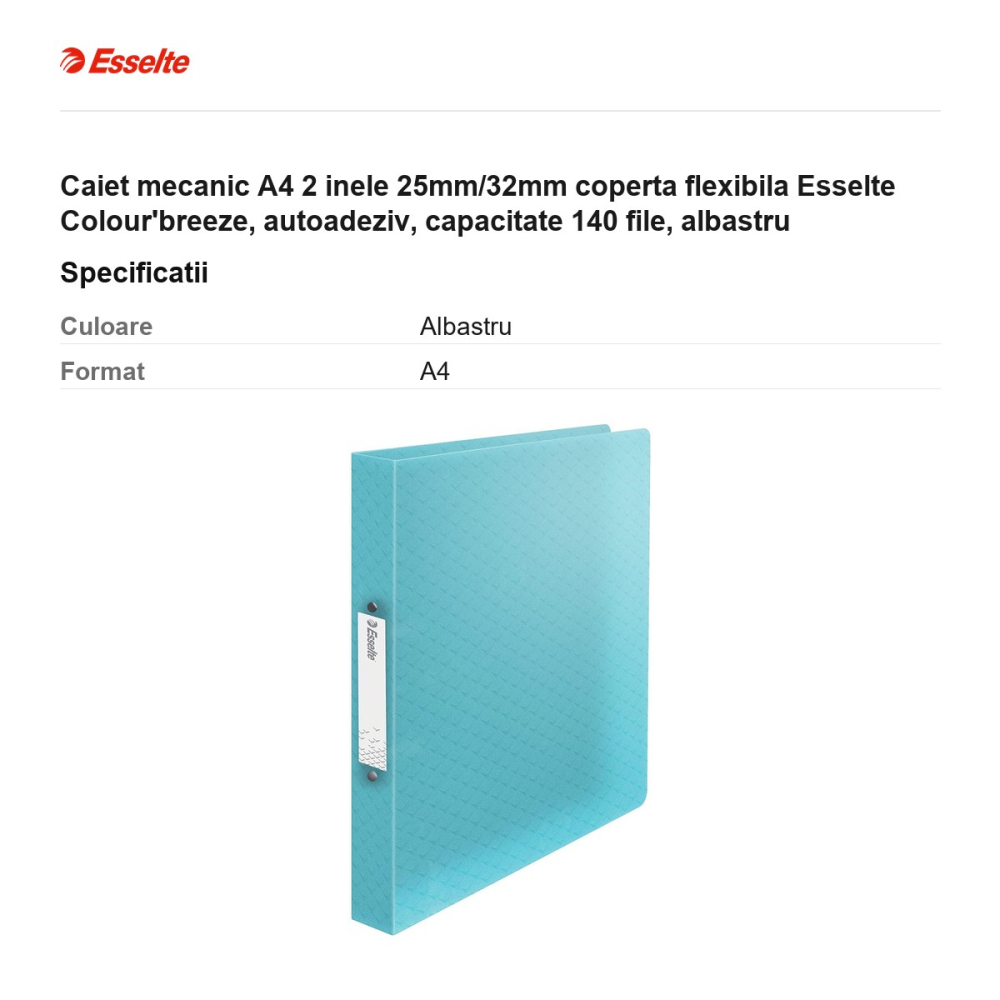 Caiet mecanic A4 2 inele 25mm/32mm coperta flexibila Esselte Colour'breeze, autoadeziv, capacitate 140 file, albastru [3]