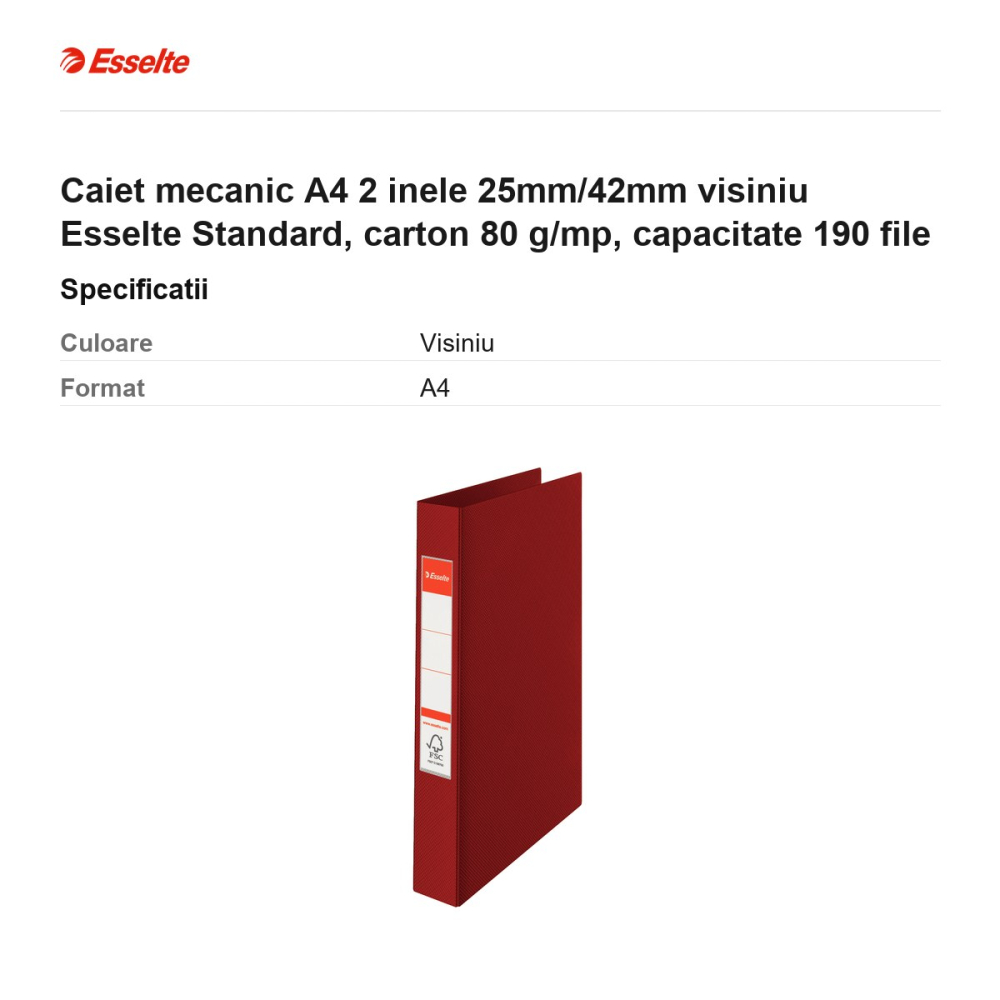 Caiet mecanic A4 2 inele 25mm/42mm visiniu Esselte Standard, carton 80 g/mp, capacitate 190 file [3]