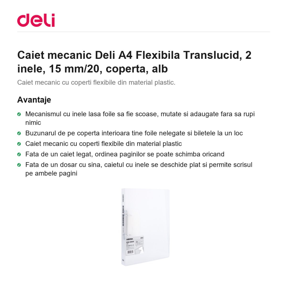 Caiet mecanic Deli A4 Flexibila Translucid, 2 inele, 15 mm/20, coperta, alb [2]