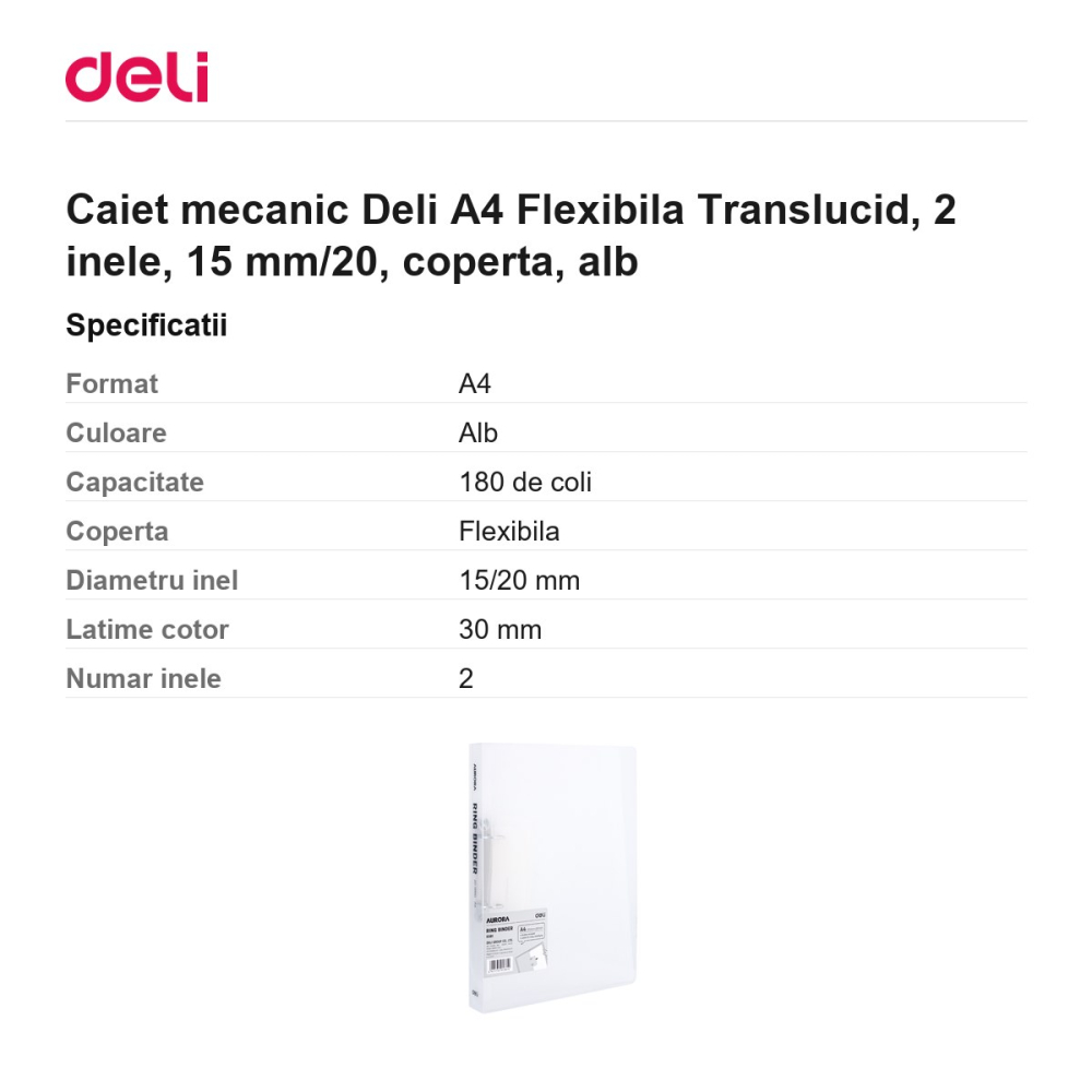 Caiet mecanic Deli A4 Flexibila Translucid, 2 inele, 15 mm/20, coperta, alb [3]