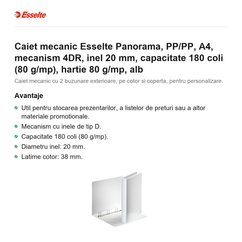 Caiet mecanic Esselte Panorama, PP/PP, A4, mecanism 4DR, inel 20 mm, capacitate 180 coli (80 g/mp), hartie 80 g/mp, alb [2]
