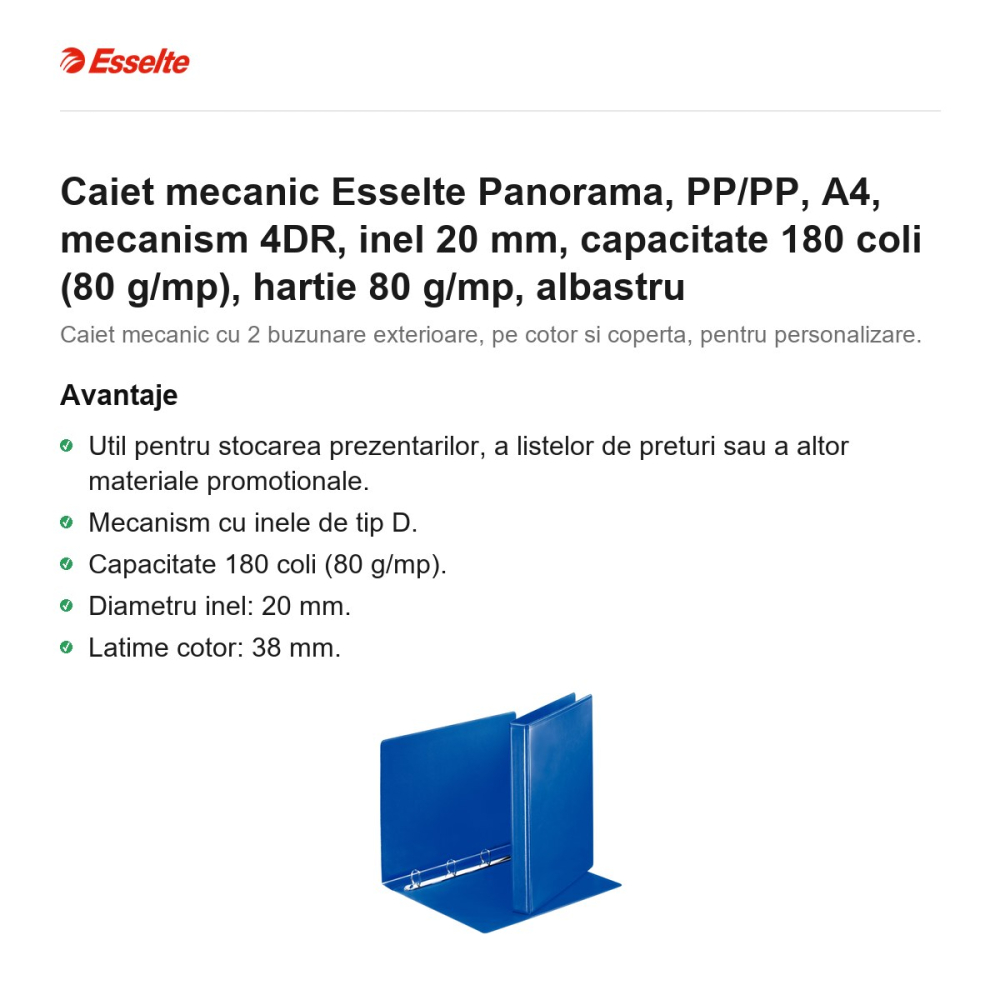 Caiet mecanic Esselte Panorama, PP/PP, A4, mecanism 4DR, inel 20 mm, capacitate 180 coli (80 g/mp), hartie 80 g/mp, albastru [2]