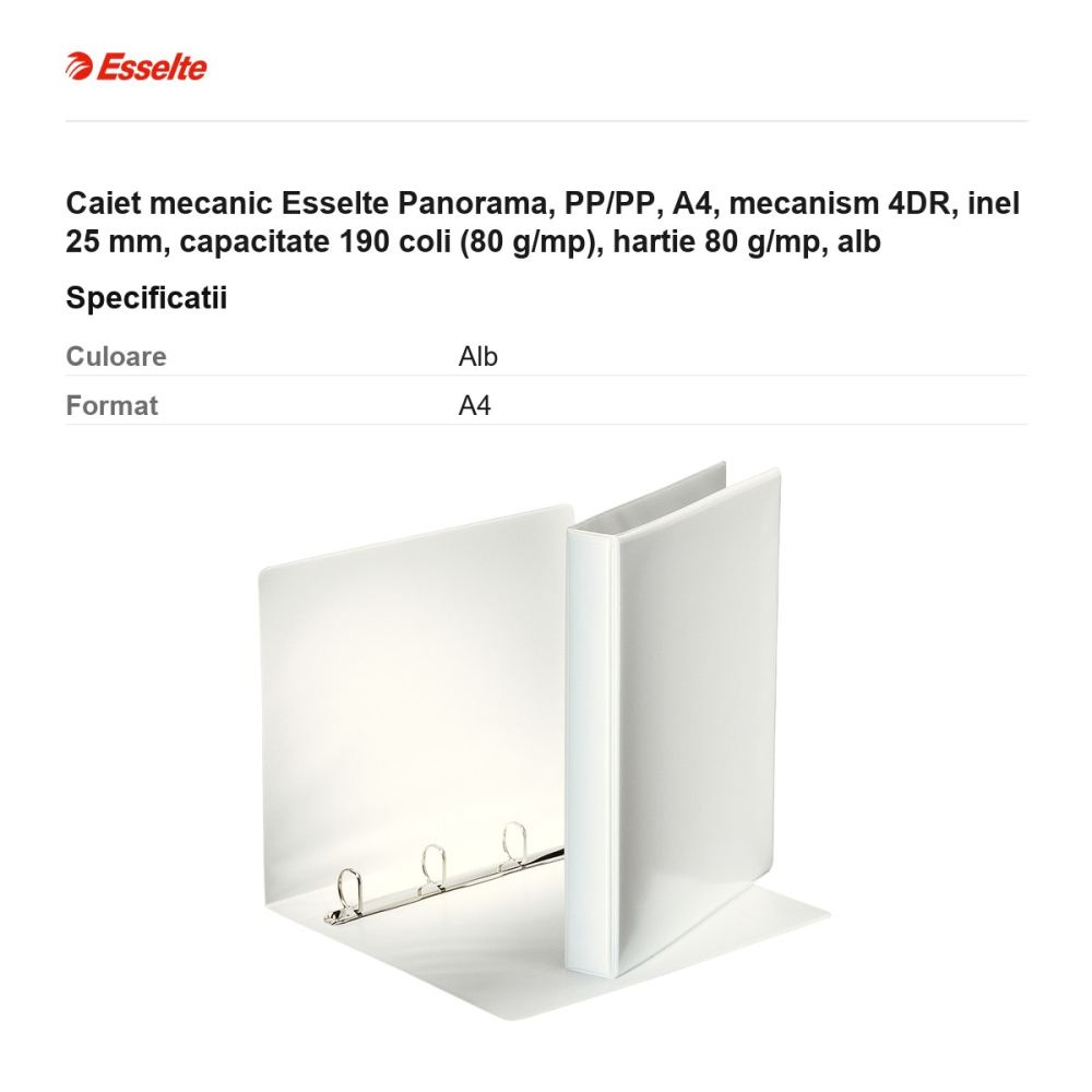 Caiet mecanic Esselte Panorama, PP/PP, A4, mecanism 4DR, inel 25 mm, capacitate 190 coli (80 g/mp), hartie 80 g/mp, alb [3]