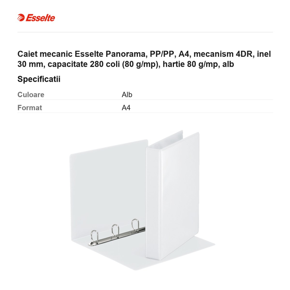 Caiet mecanic Esselte Panorama, PP/PP, A4, mecanism 4DR, inel 30 mm, capacitate 280 coli (80 g/mp), hartie 80 g/mp, alb [3]