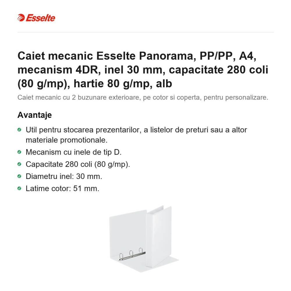 Caiet mecanic Esselte Panorama, PP/PP, A4, mecanism 4DR, inel 30 mm, capacitate 280 coli (80 g/mp), hartie 80 g/mp, alb [2]
