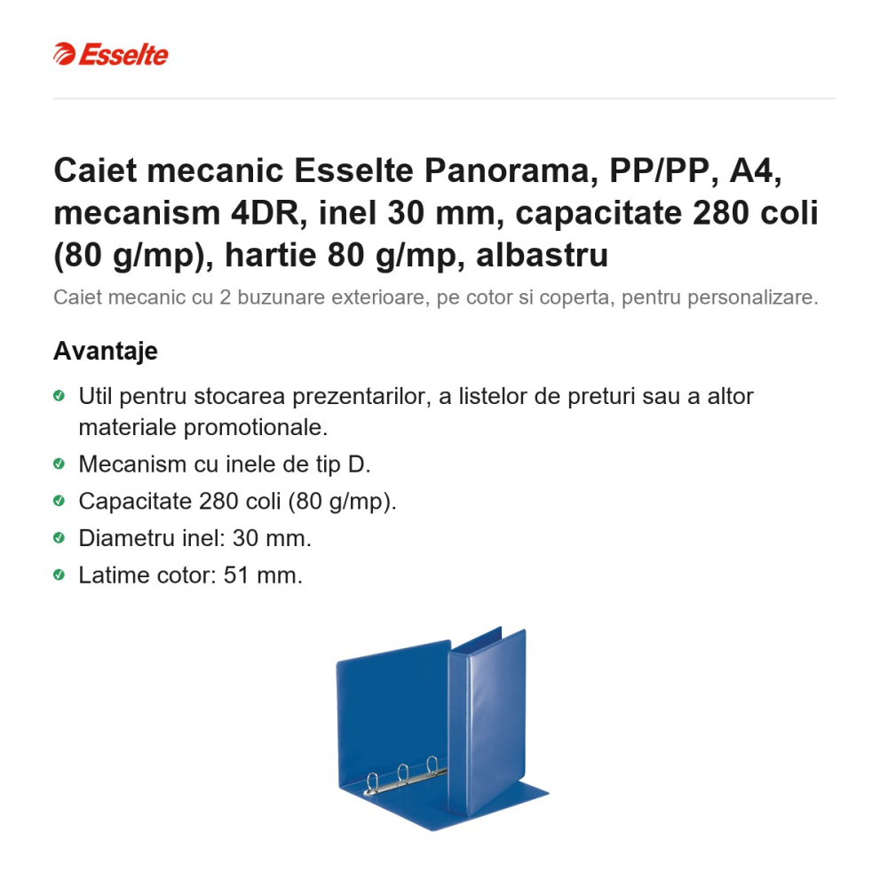 Caiet mecanic Esselte Panorama, PP/PP, A4, mecanism 4DR, inel 30 mm, capacitate 280 coli (80 g/mp), hartie 80 g/mp, albastru [2]