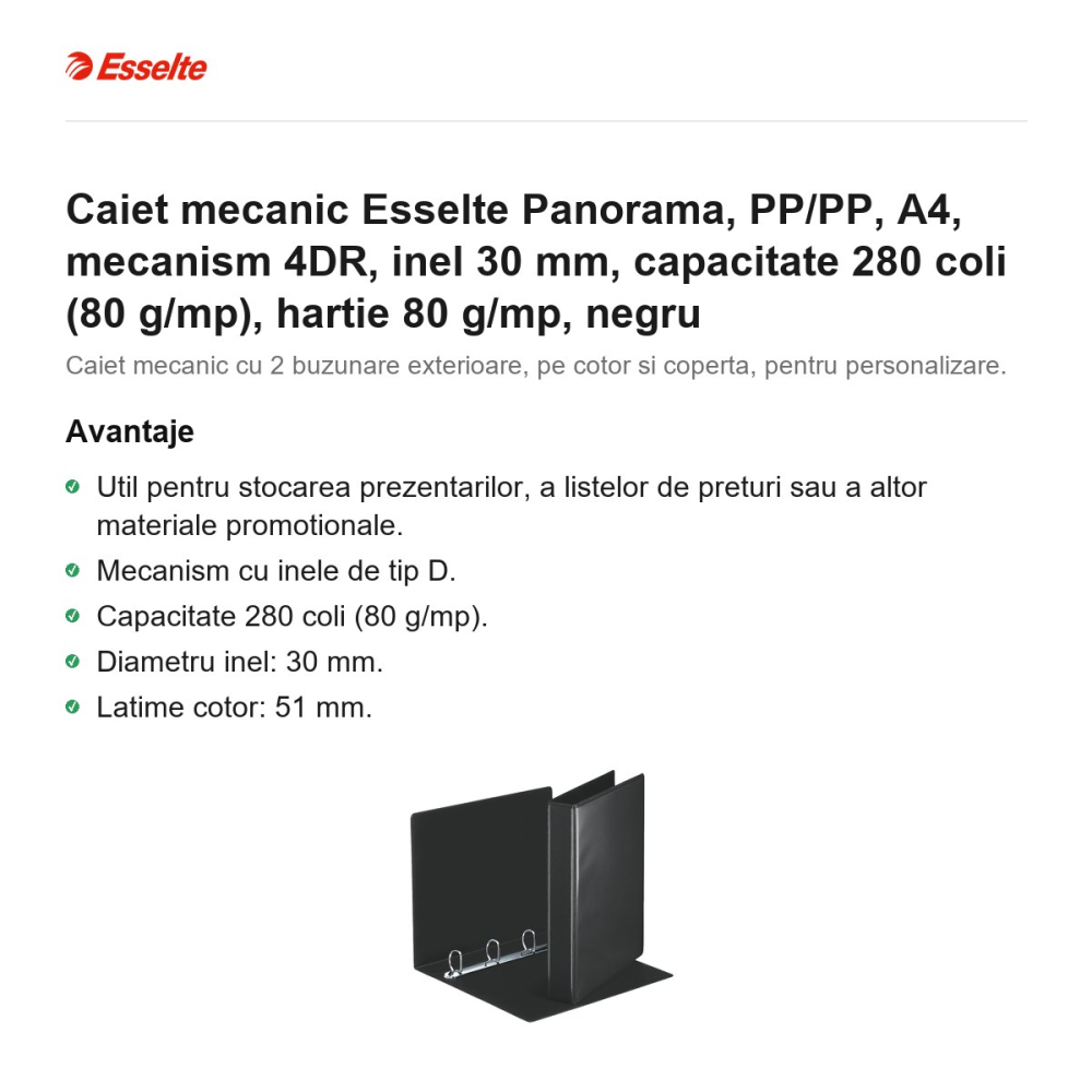 Caiet mecanic Esselte Panorama, PP/PP, A4, mecanism 4DR, inel 30 mm, capacitate 280 coli (80 g/mp), hartie 80 g/mp, negru [2]
