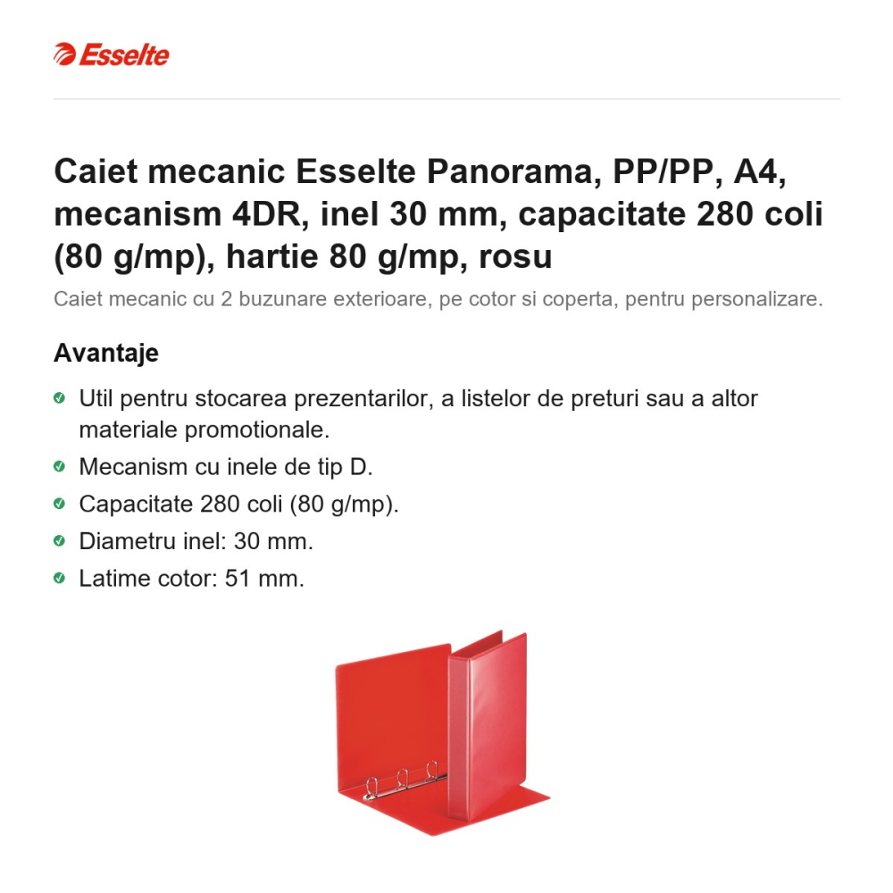 Caiet mecanic Esselte Panorama, PP/PP, A4, mecanism 4DR, inel 30 mm, capacitate 280 coli (80 g/mp), hartie 80 g/mp, rosu [2]
