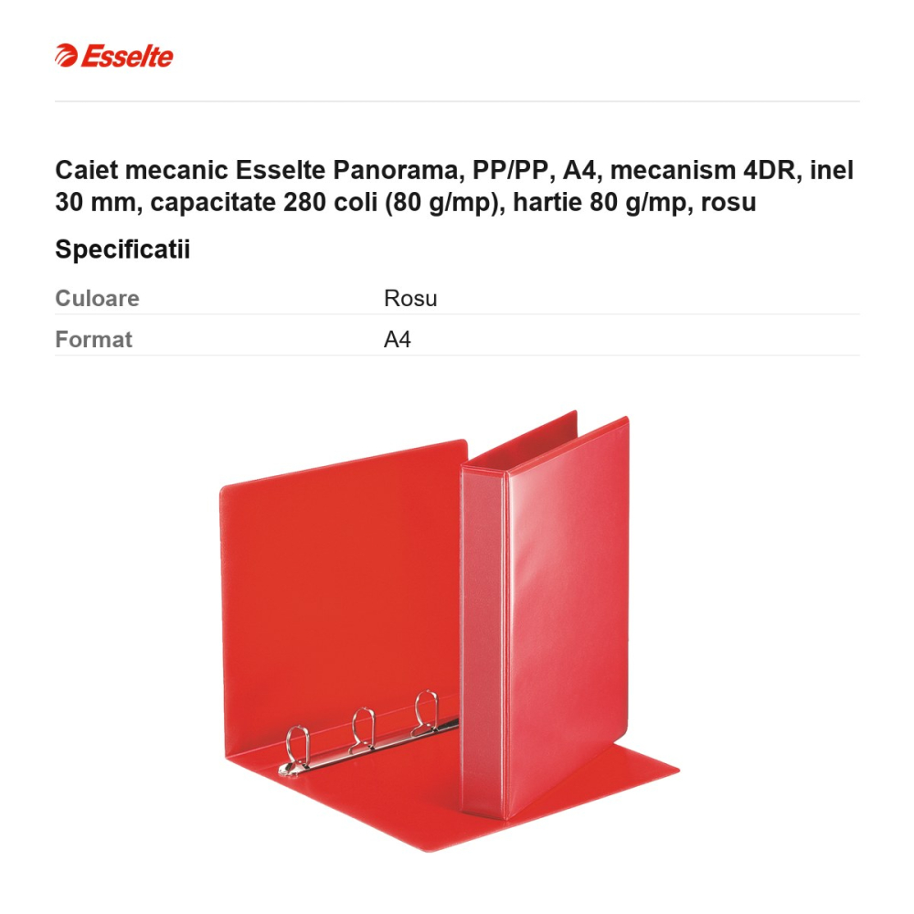 Caiet mecanic Esselte Panorama, PP/PP, A4, mecanism 4DR, inel 30 mm, capacitate 280 coli (80 g/mp), hartie 80 g/mp, rosu [3]