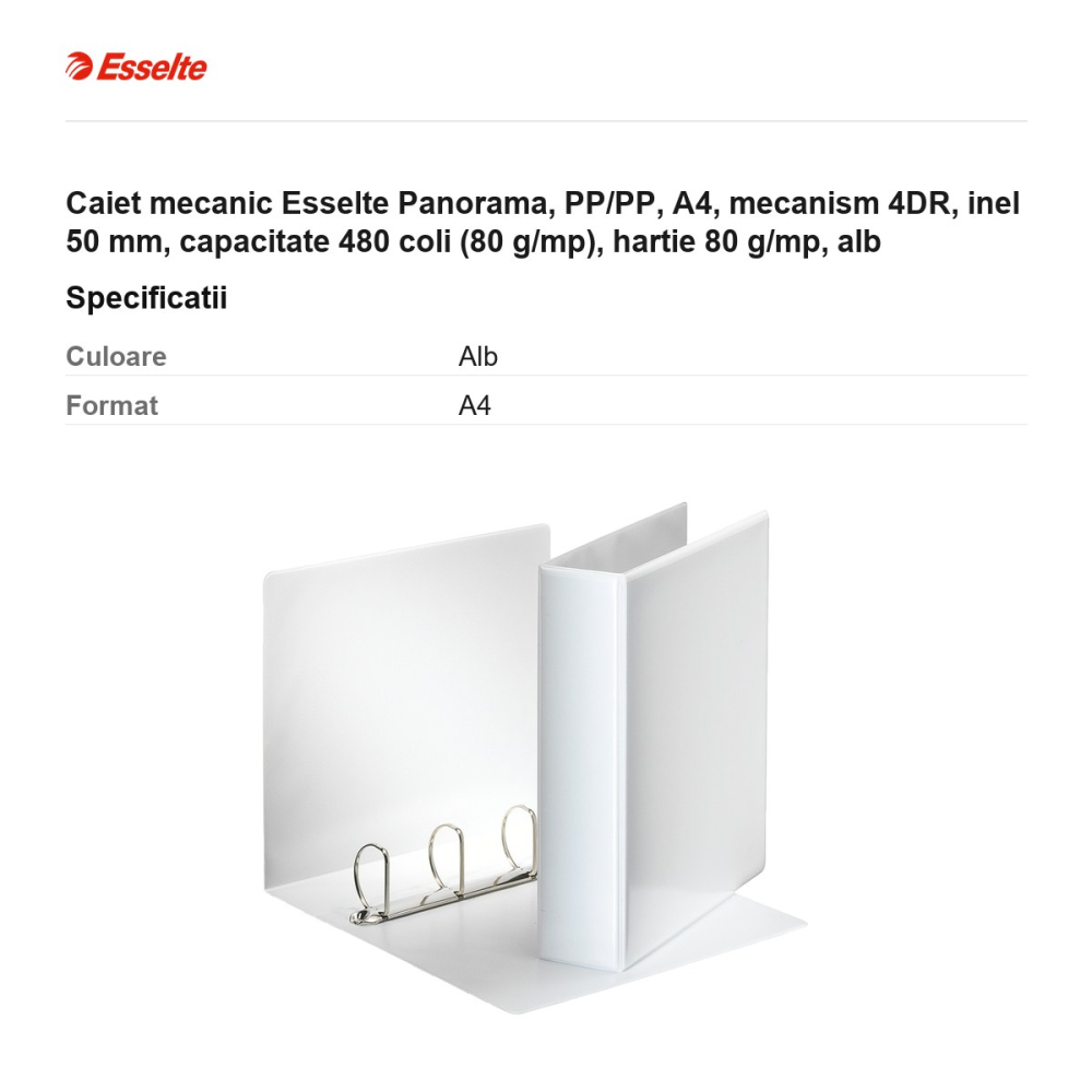 Caiet mecanic Esselte Panorama, PP/PP, A4, mecanism 4DR, inel 50 mm, capacitate 480 coli (80 g/mp), hartie 80 g/mp, alb [3]