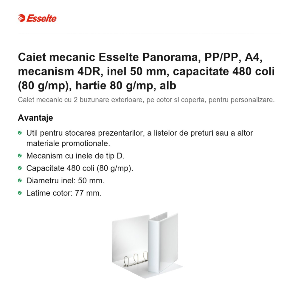 Caiet mecanic Esselte Panorama, PP/PP, A4, mecanism 4DR, inel 50 mm, capacitate 480 coli (80 g/mp), hartie 80 g/mp, alb [2]