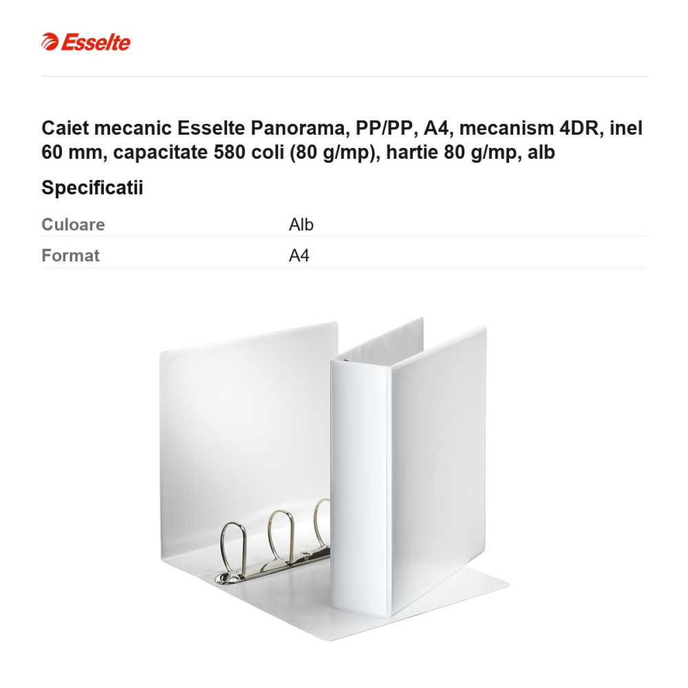 Caiet mecanic Esselte Panorama, PP/PP, A4, mecanism 4DR, inel 60 mm, capacitate 580 coli (80 g/mp), hartie 80 g/mp, alb [3]