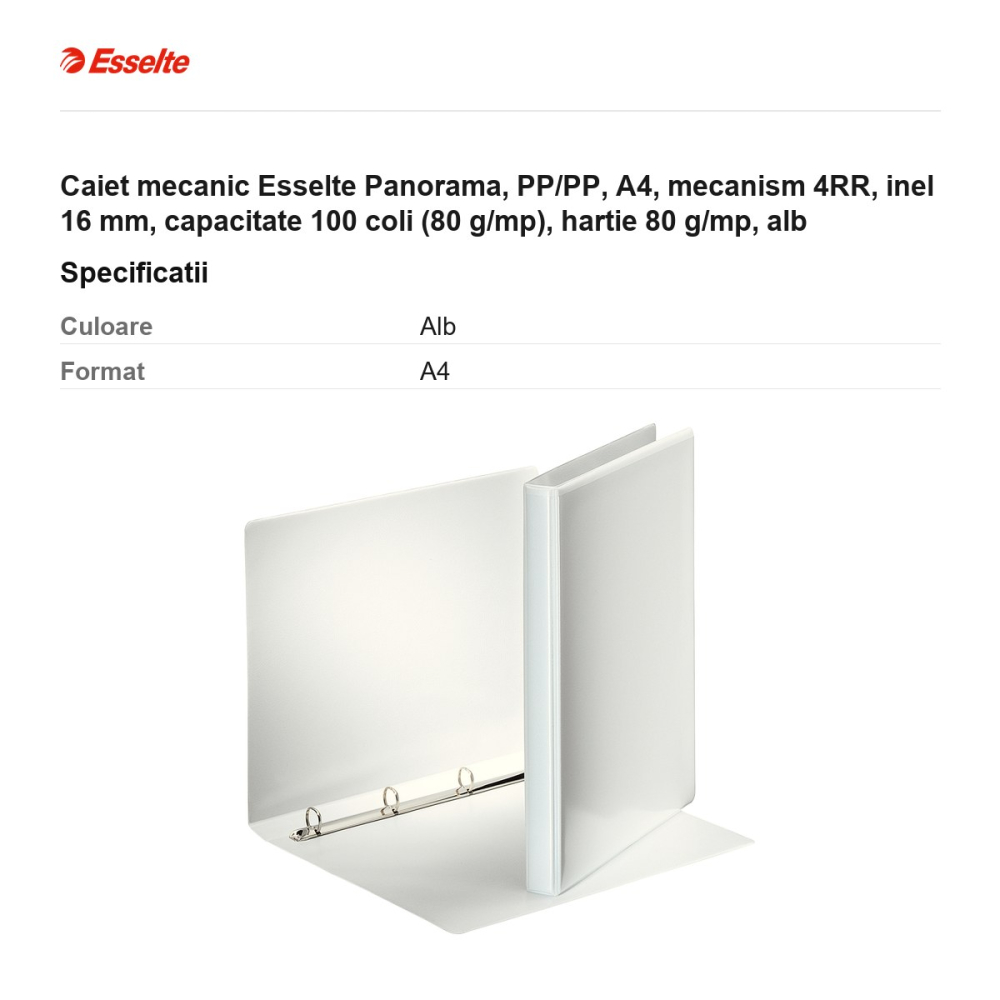Caiet mecanic Esselte Panorama, PP/PP, A4, mecanism 4RR, inel 16 mm, capacitate 100 coli (80 g/mp), hartie 80 g/mp, alb [3]