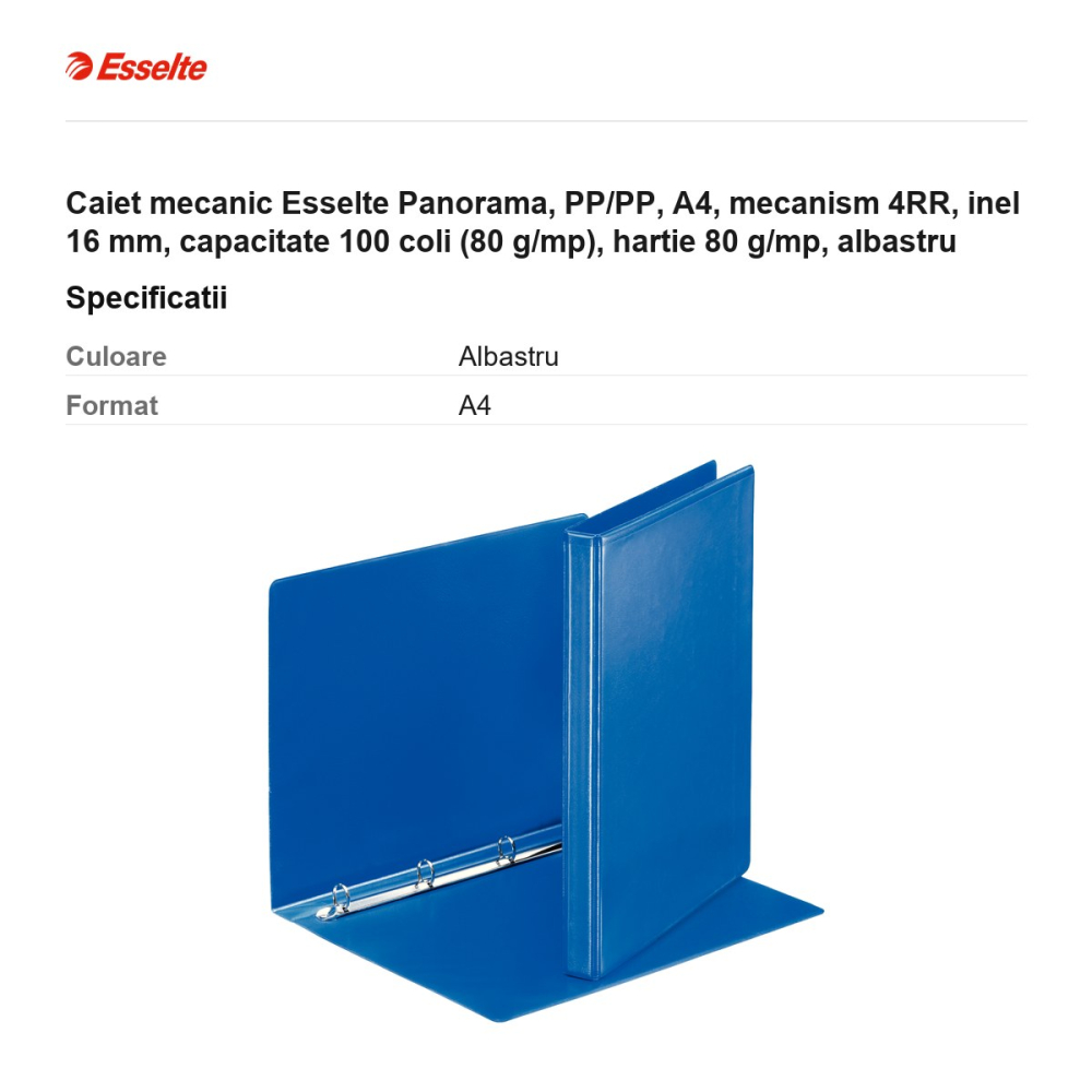 Caiet mecanic Esselte Panorama, PP/PP, A4, mecanism 4RR, inel 16 mm, capacitate 100 coli (80 g/mp), hartie 80 g/mp, albastru [3]